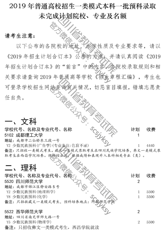 四川 - 关于普通高校藏文、彝文一类模式本科第一批预科录取未完成计划院校征集志愿的通知